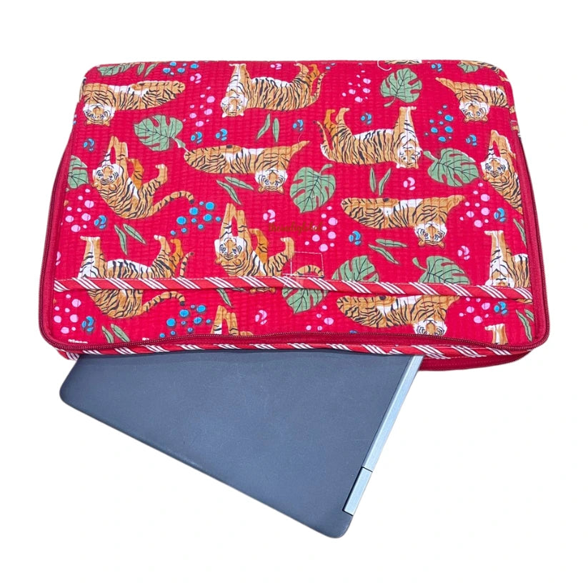 Handblock Quilted Cotton Laptop Sleeve 14 Inch Red