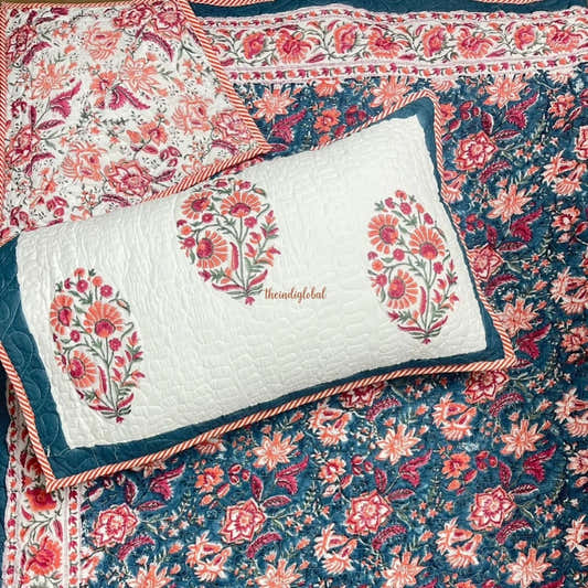 Meera Reversible Hand Block Printed Quilted Cotton Bedcover with Two Pillow Covers Blue