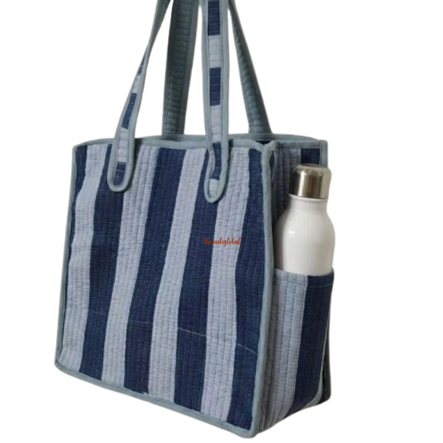 Mini Tote Bag with Zip & Bottle Holder Blue Stripe