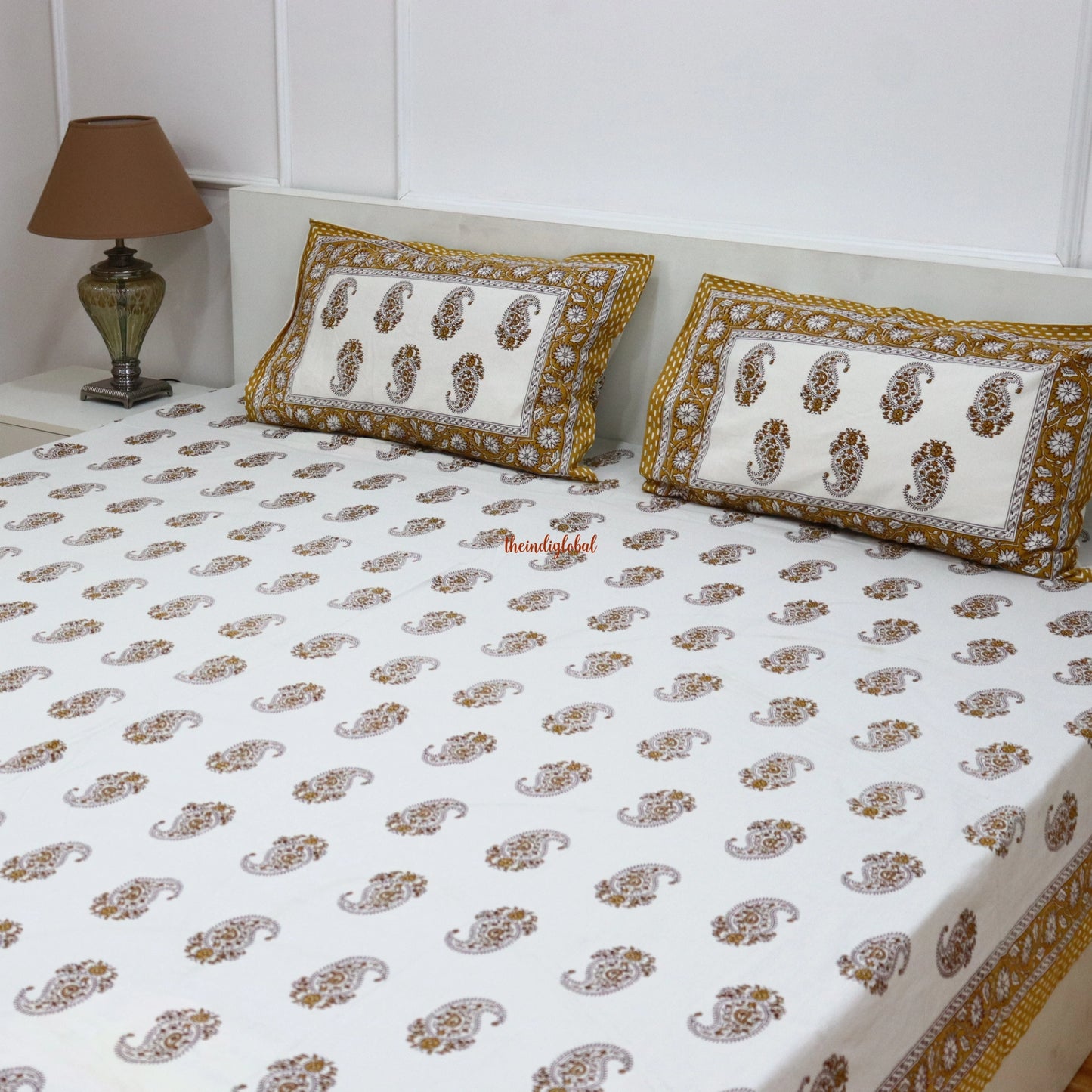 Paisley Cotton Bedsheet with 2 Pillow Covers King size Mustard