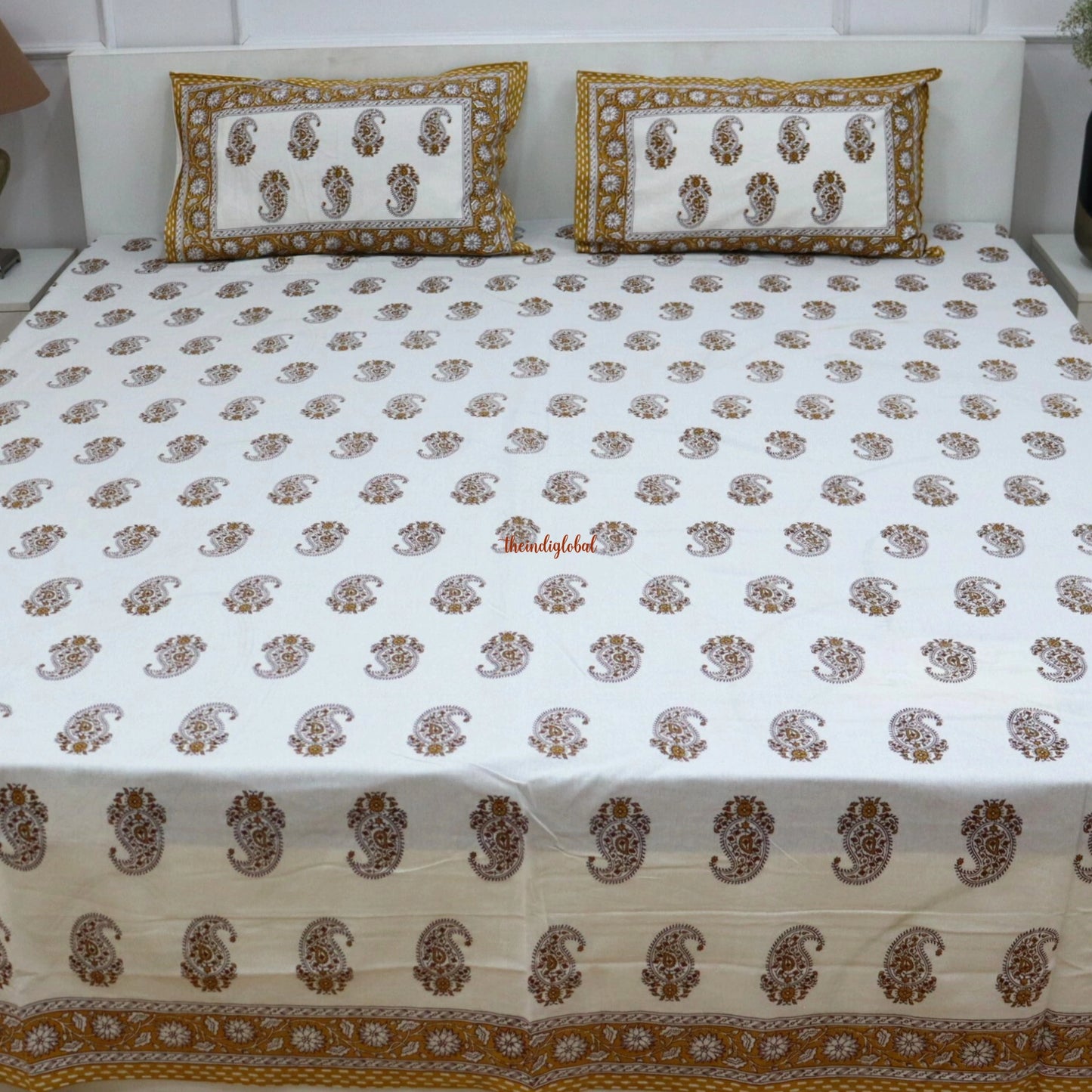 Paisley Cotton Bedsheet with 2 Pillow Covers King size Mustard