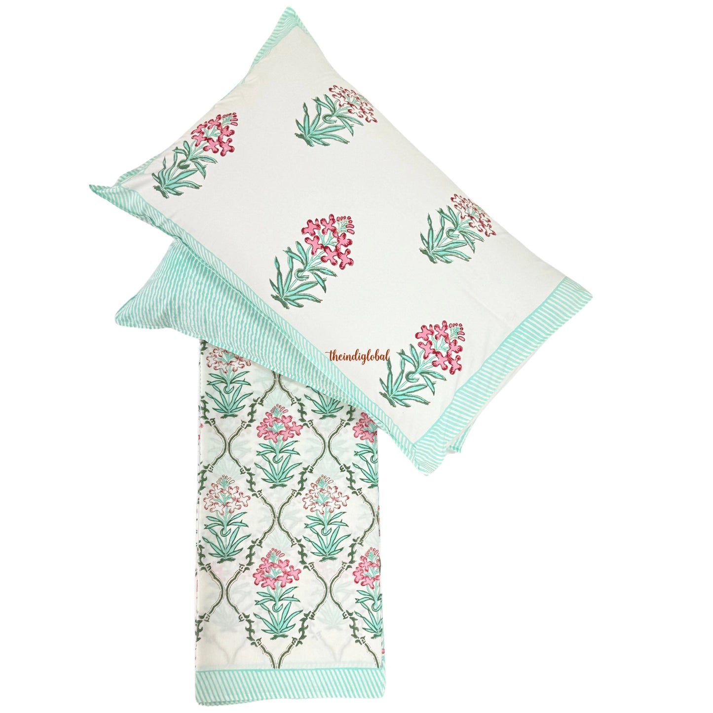 Ramya Hand Block Soft Cotton Bedsheet with 2 Pillow Covers Sky Blue