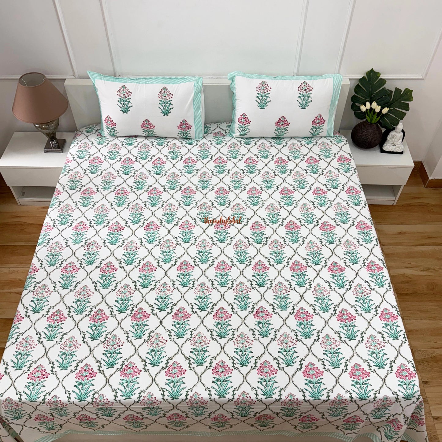 Ramya Hand Block Soft Cotton Bedsheet with 2 Pillow Covers Sky Blue