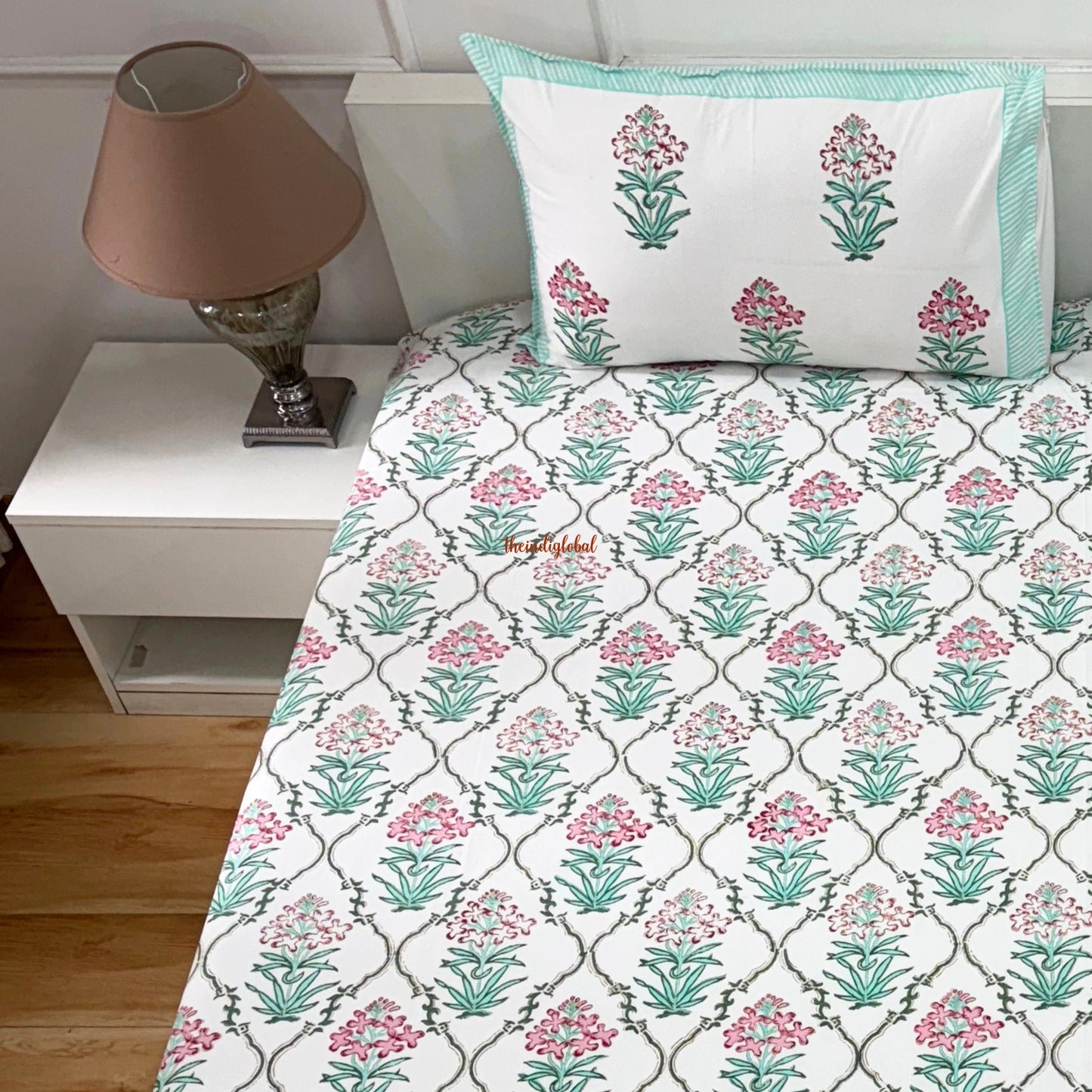 Ramya Hand Block Soft Cotton Bedsheet with 2 Pillow Covers Sky Blue