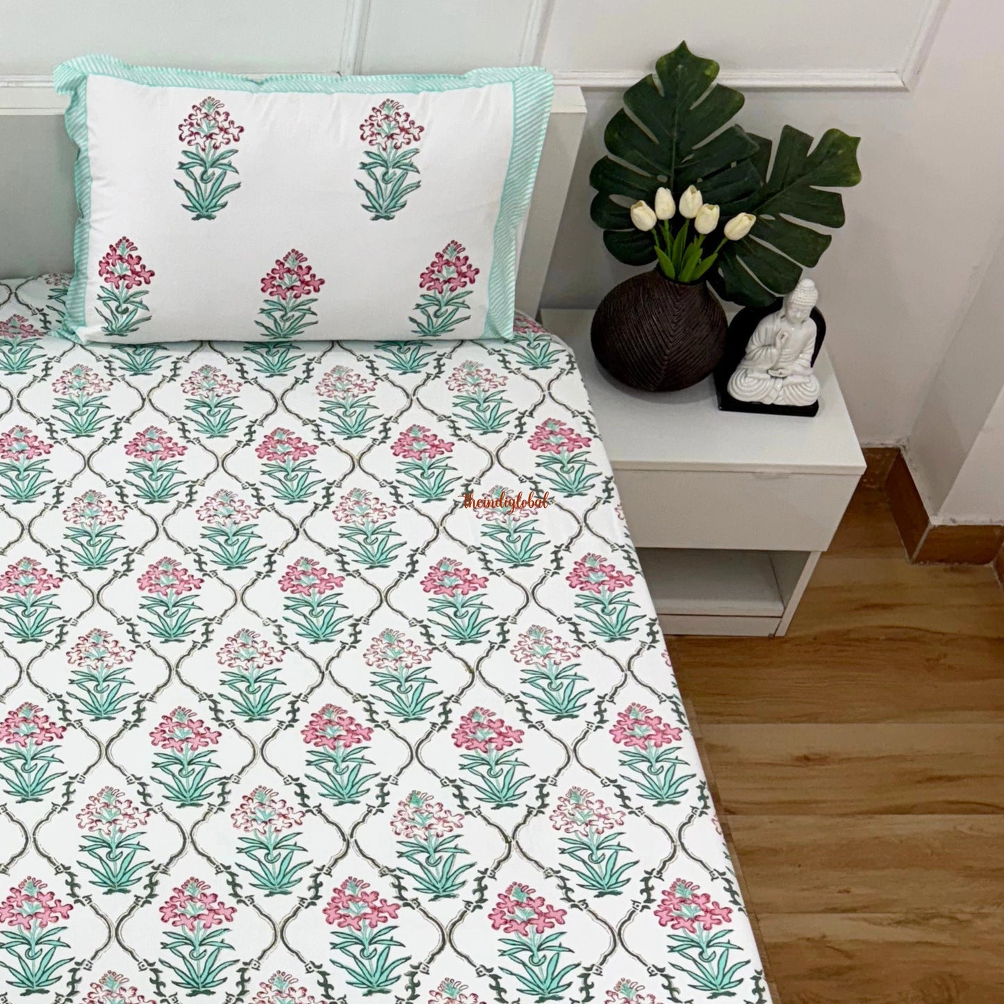 Ramya Hand Block Soft Cotton Bedsheet with 2 Pillow Covers Sky Blue