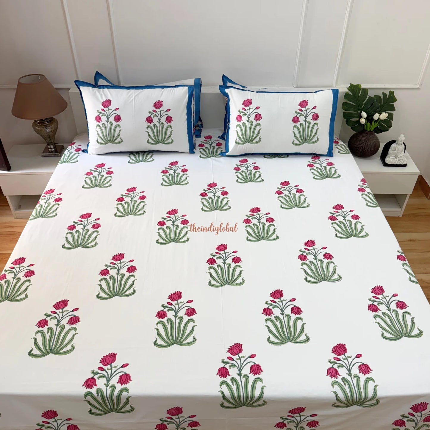 Ramya Hand Block Soft Cotton Bedsheet with 2 Pillow Covers 108*108 inches Holytulip