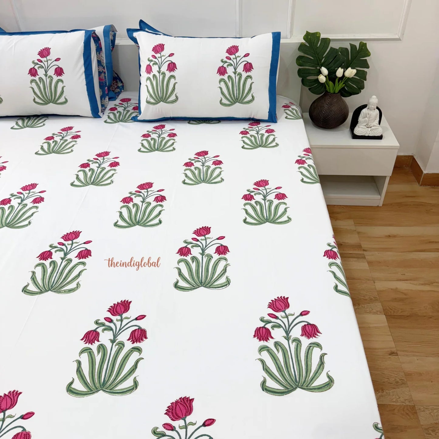 Ramya Hand Block Soft Cotton Bedsheet with 2 Pillow Covers 108*108 inches Holytulip