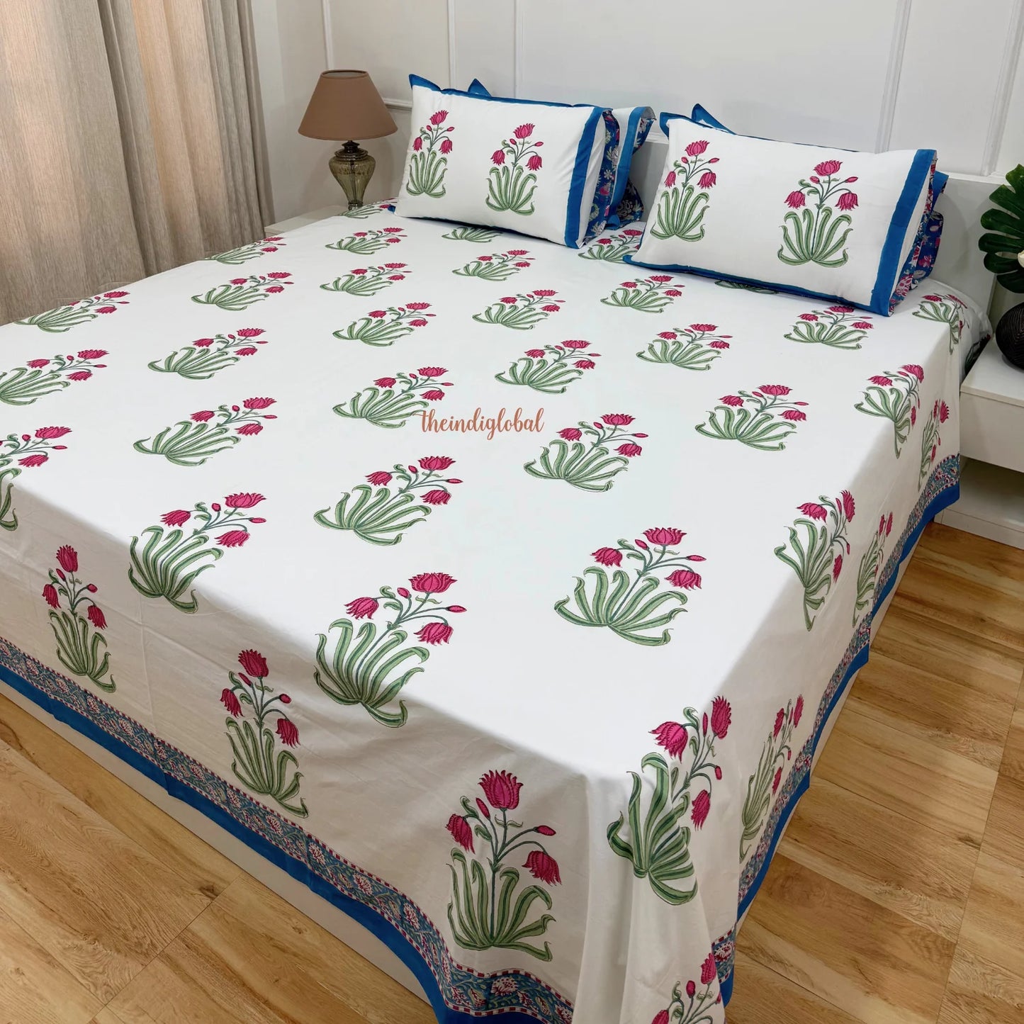 Ramya Hand Block Soft Cotton Bedsheet with 2 Pillow Covers 108*108 inches Holytulip