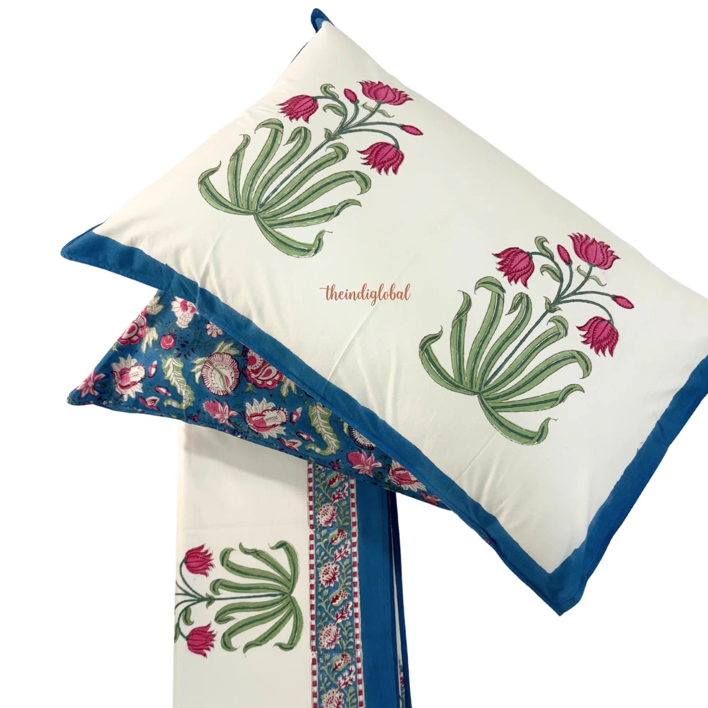 Ramya Hand Block Soft Cotton Bedsheet with 2 Pillow Covers 108*108 inches Holytulip
