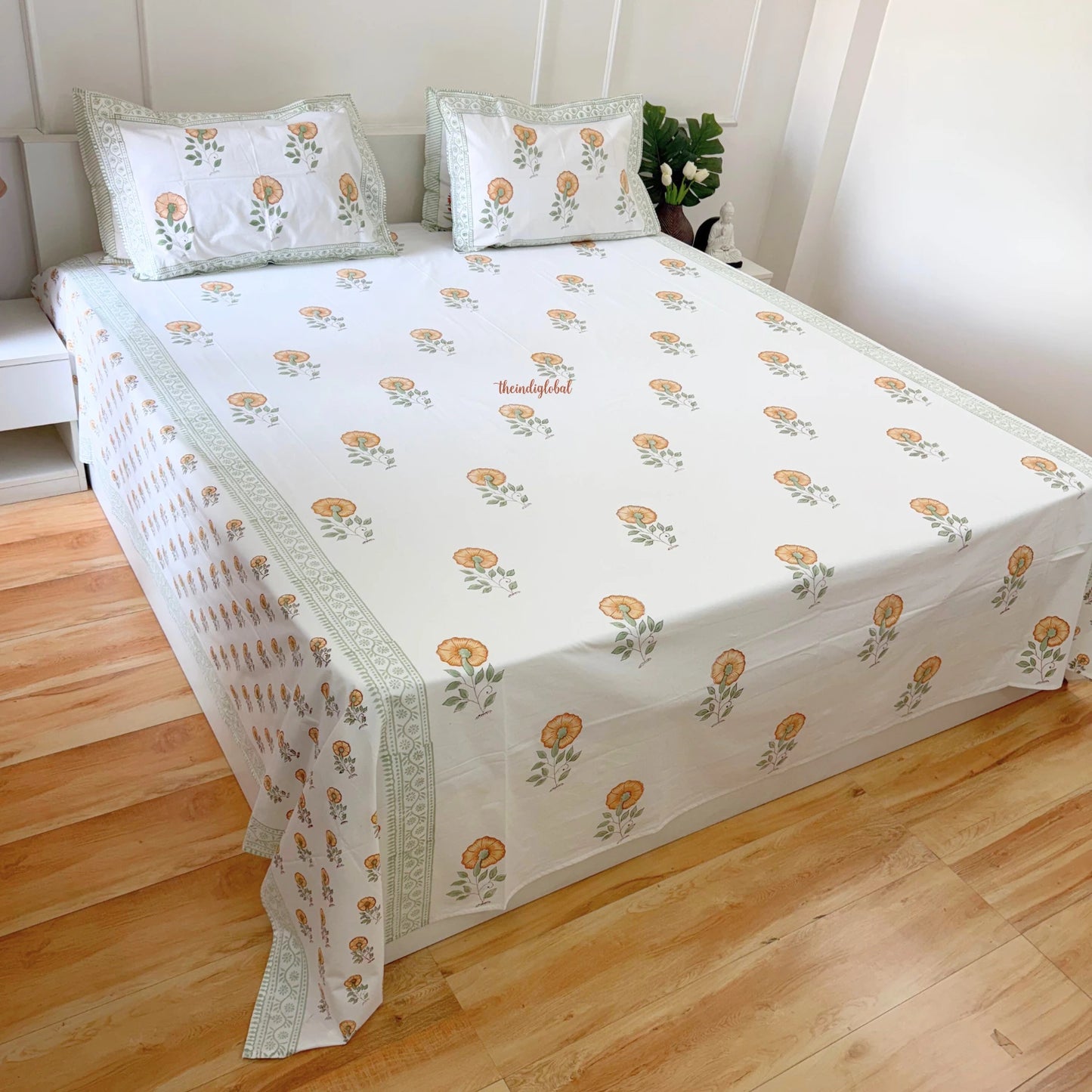 Ramya Hand Block Soft Cotton Bedsheet with 2 Pillow Covers 108*108 inches flower