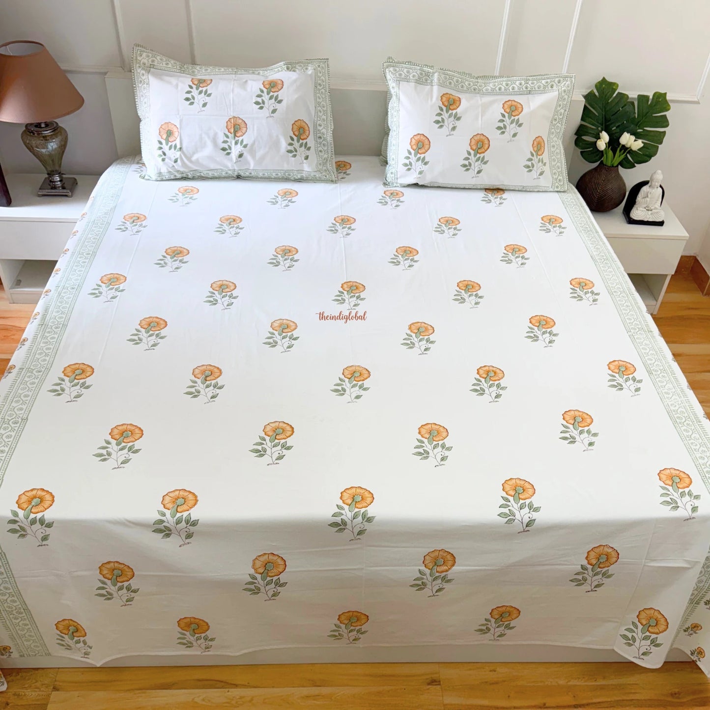 Ramya Hand Block Soft Cotton Bedsheet with 2 Pillow Covers 108*108 inches flower