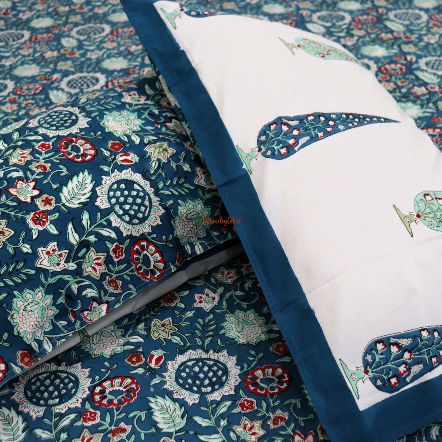Ramya Hand Block Soft Cotton Bedsheet with 2 Pillow Covers Blue