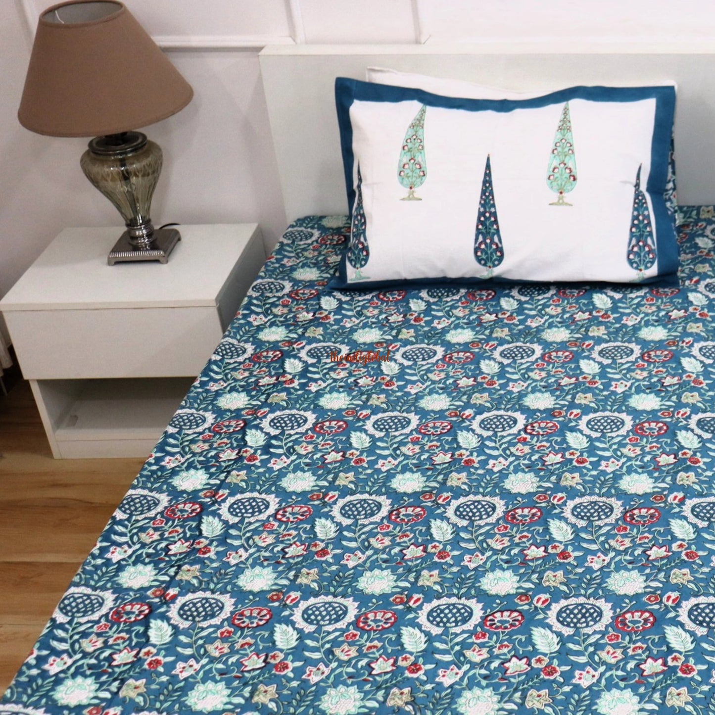 Ramya Hand Block Soft Cotton Bedsheet with 2 Pillow Covers Blue