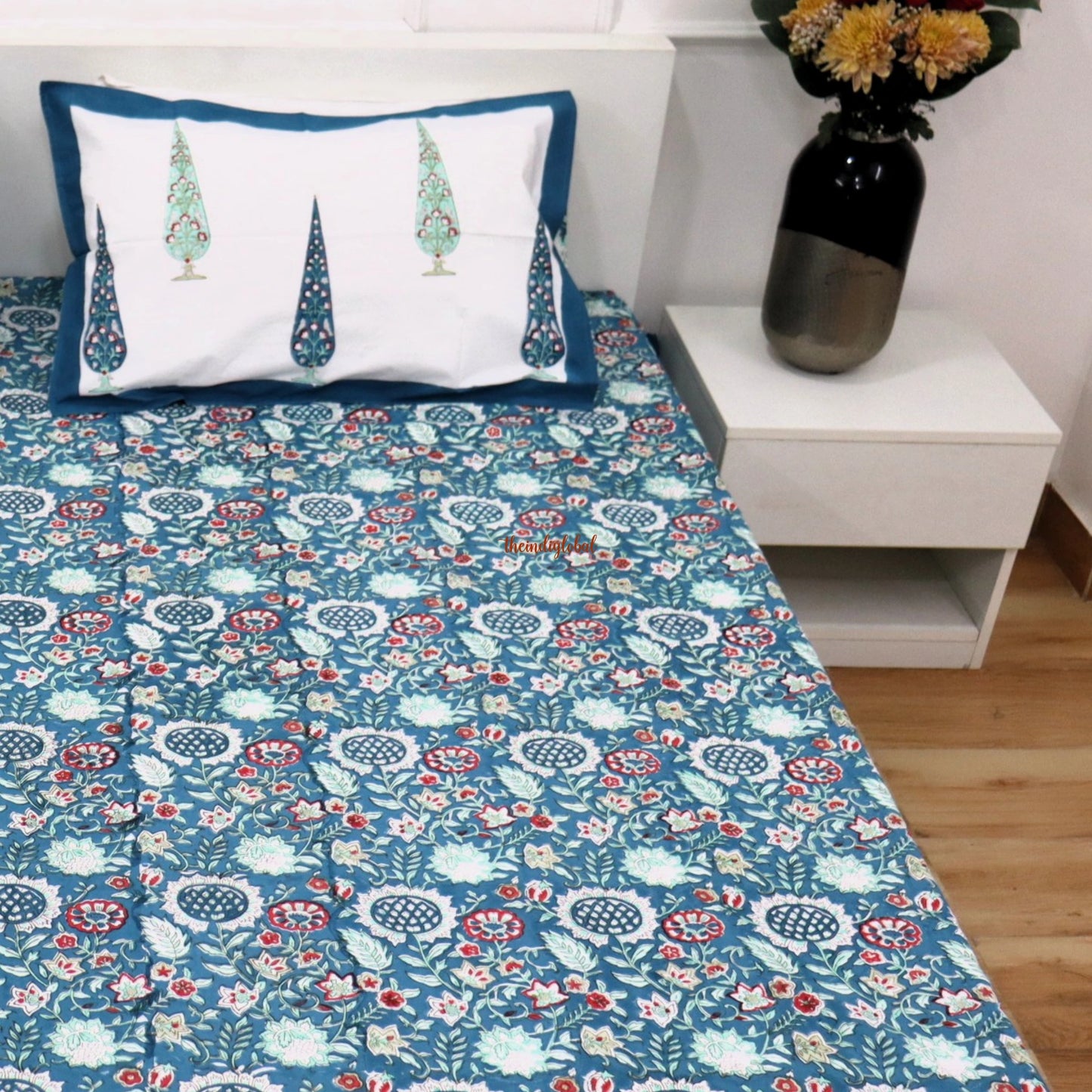 Ramya Hand Block Soft Cotton Bedsheet with 2 Pillow Covers Blue