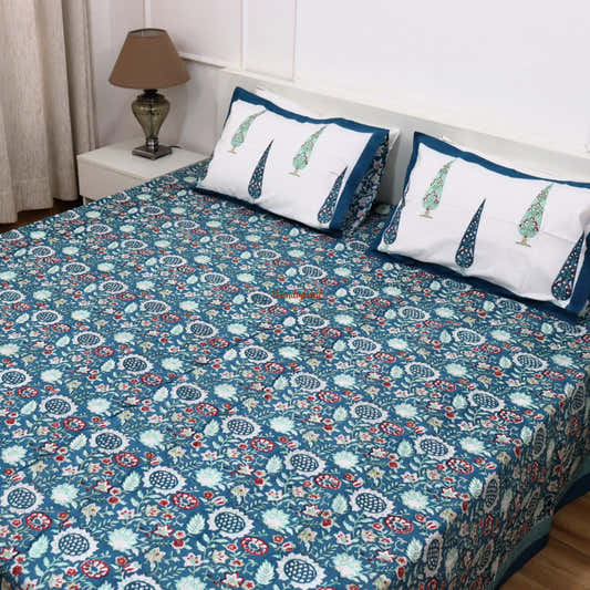 Ramya Hand Block Soft Cotton Bedsheet with 2 Pillow Covers Blue