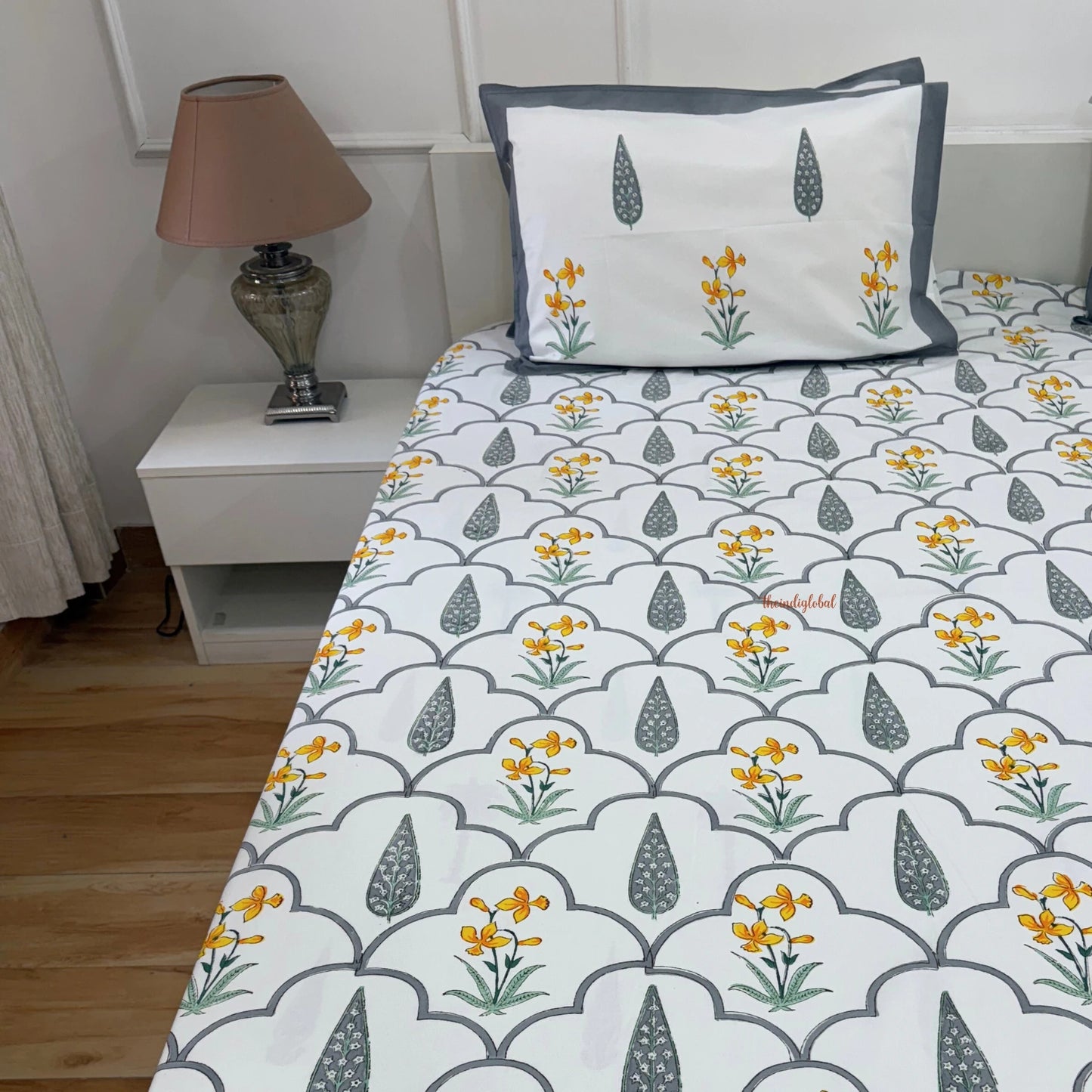 Ramya Hand Block Soft Cotton Bedsheet with 2 Pillow Covers Grey
