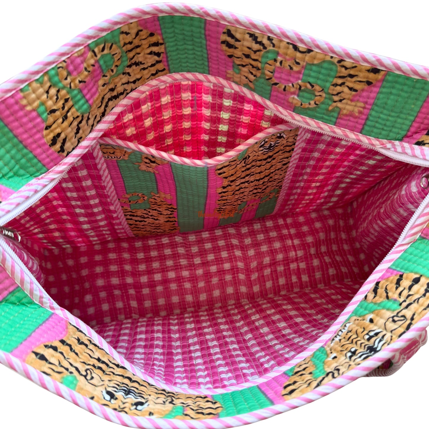 Pink Handblock Printed Big Tote Bag with Zip
