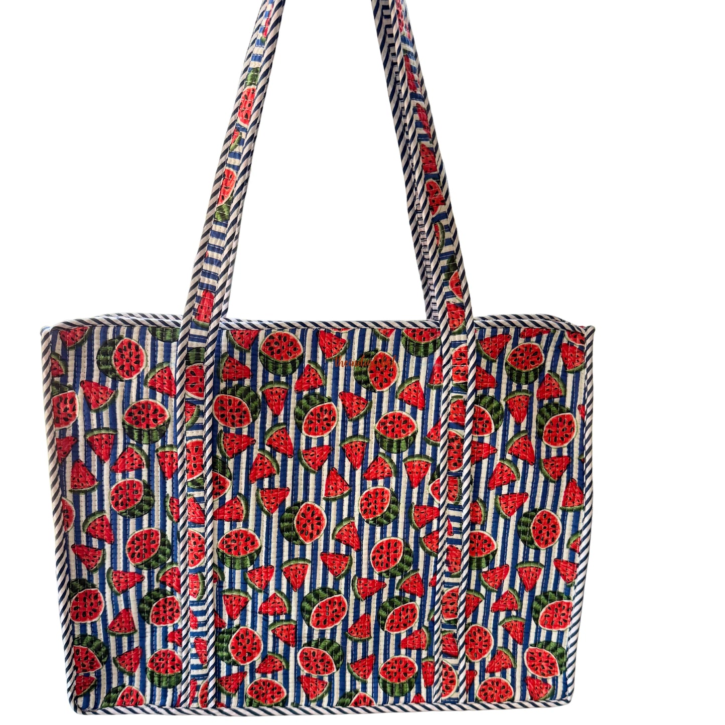 Red Handblock Printed Big Tote Bag with Zip