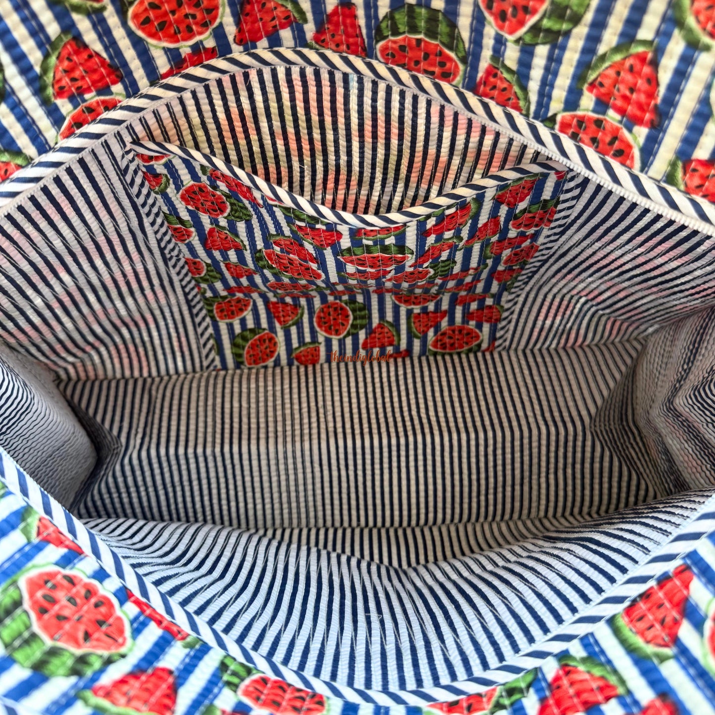 Red Handblock Printed Big Tote Bag with Zip