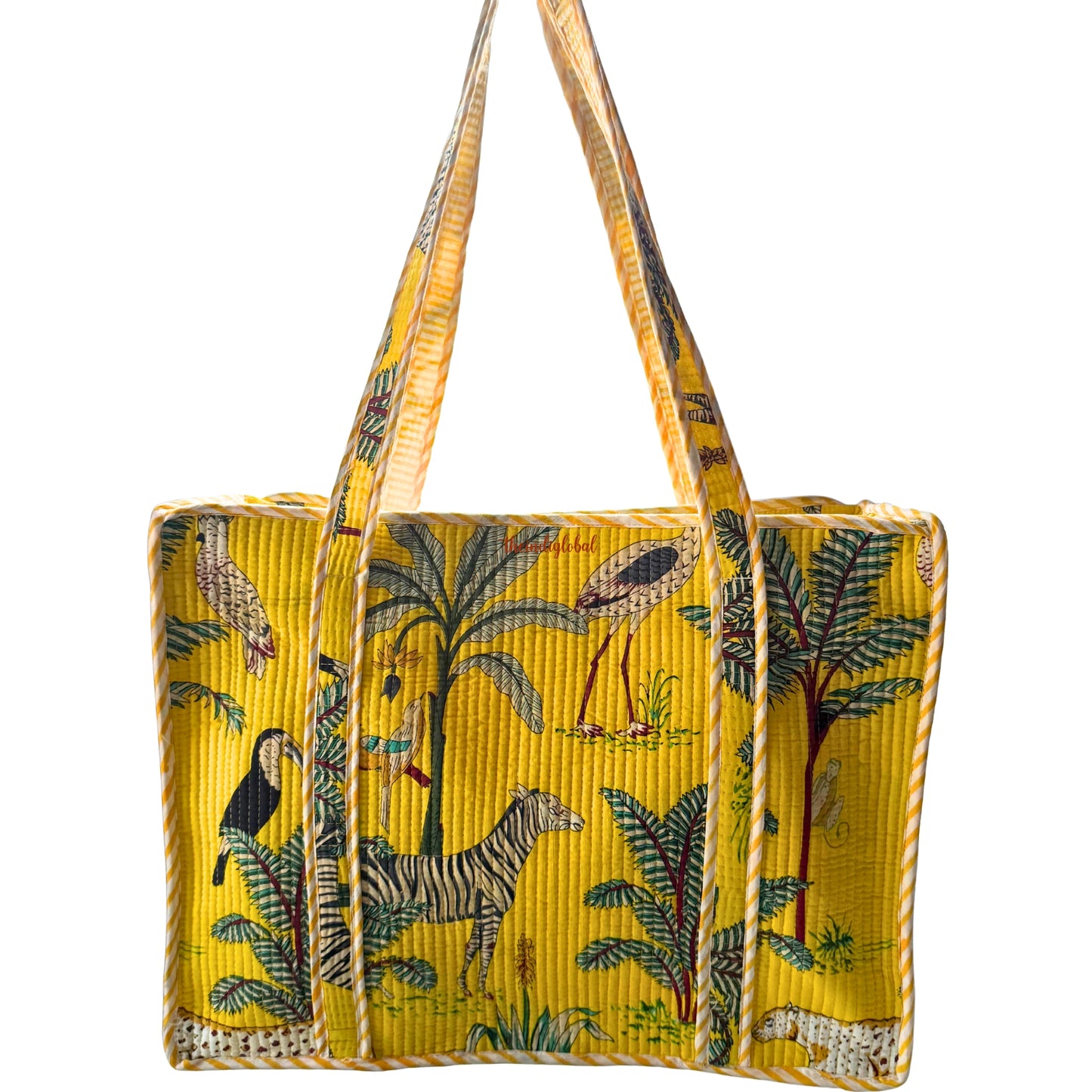 Yellow Handblock Printed Big Tote Bag with Zip