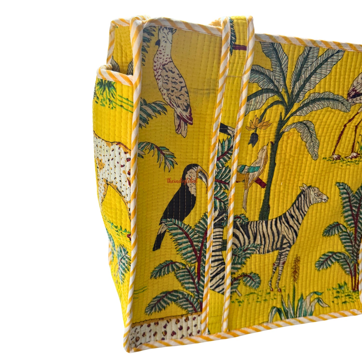 Yellow Handblock Printed Big Tote Bag with Zip