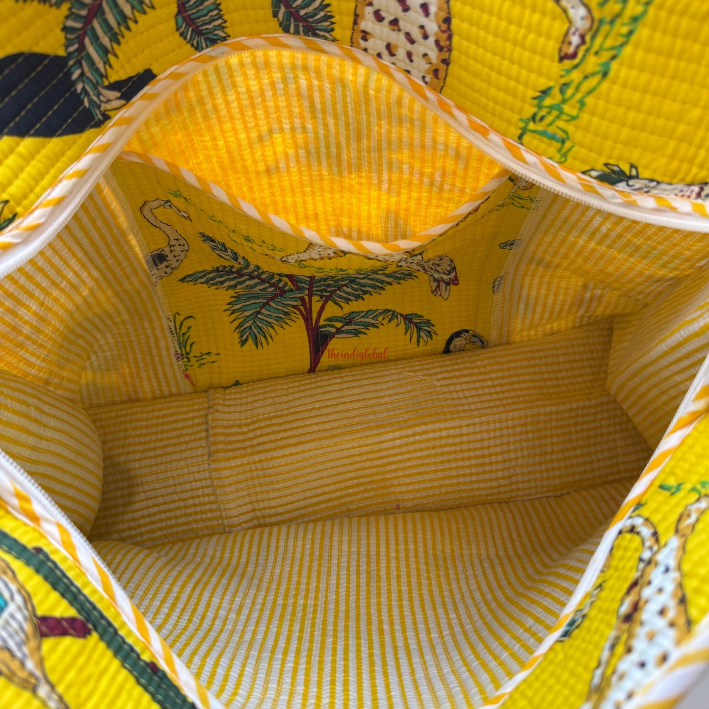 Yellow Handblock Printed Big Tote Bag with Zip
