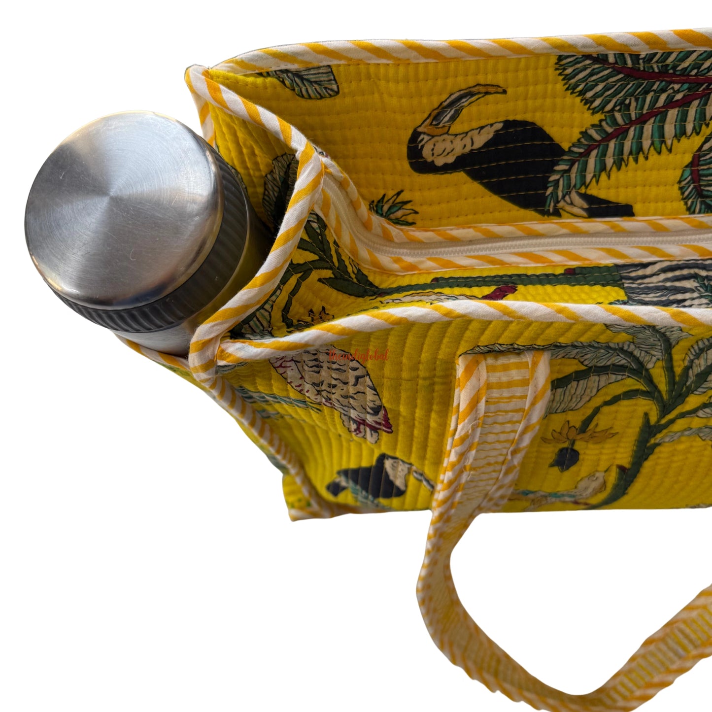 Yellow Handblock Printed Big Tote Bag with Zip