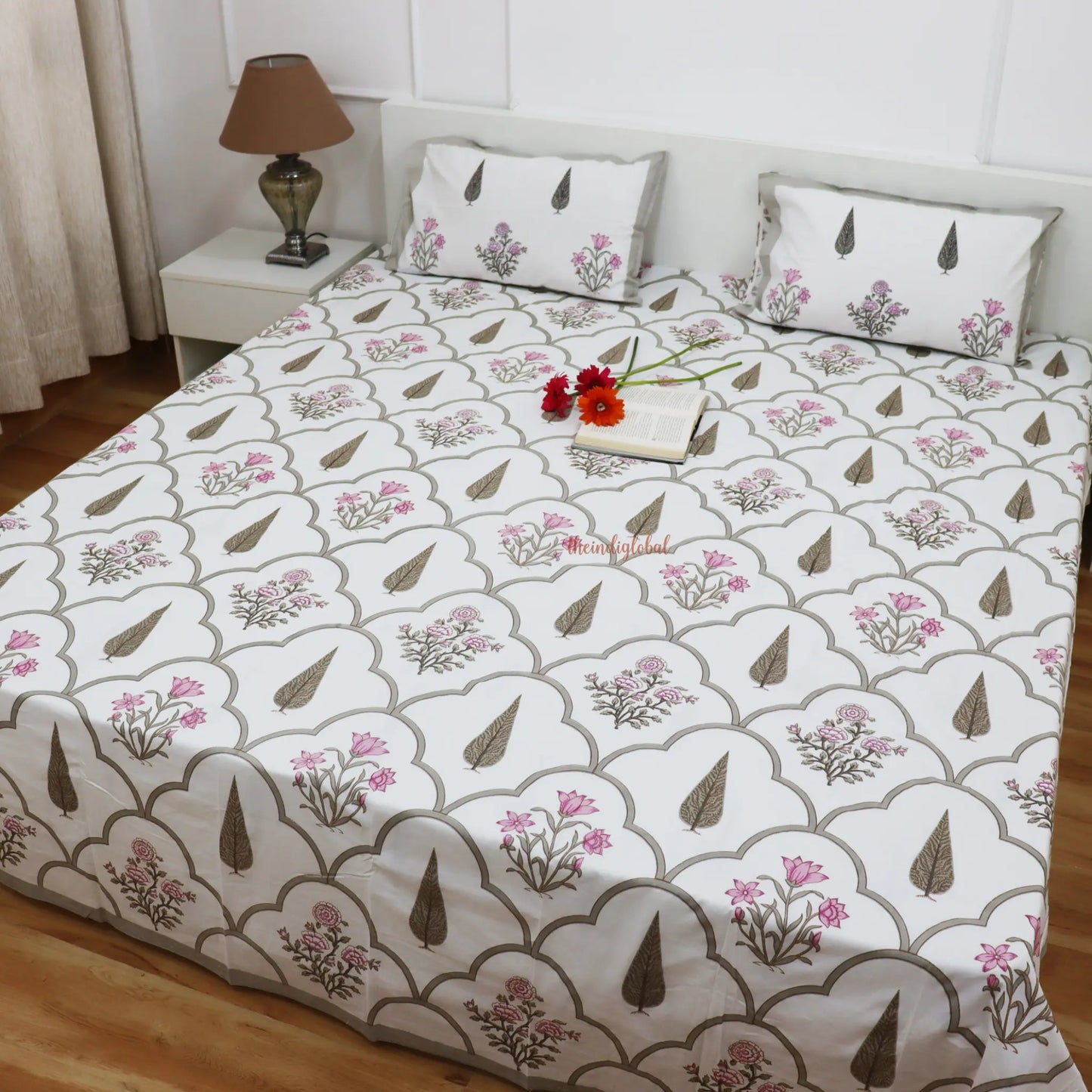 Veda Hand Block Soft Cotton Bedsheet with 2 Pillow Covers Brown