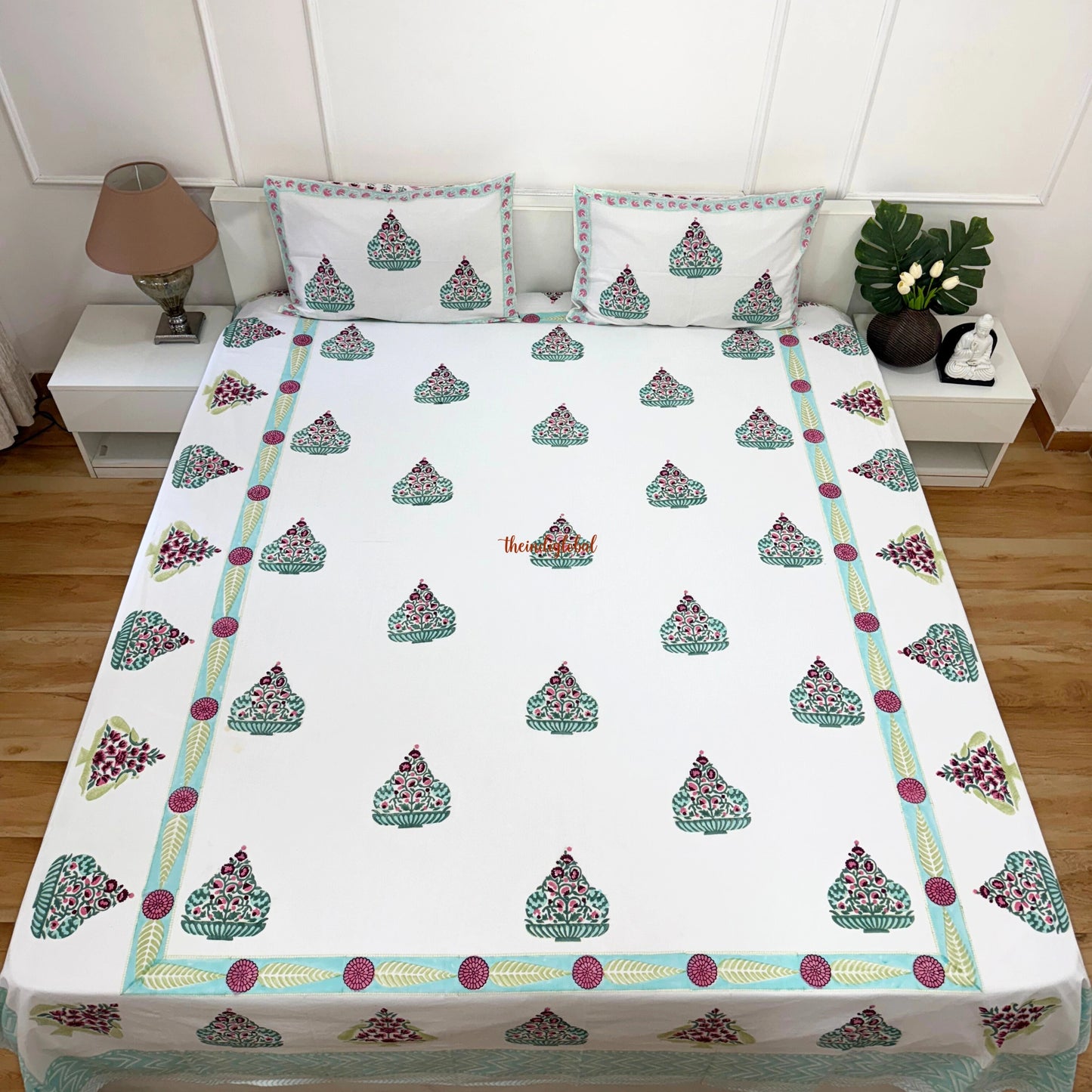 Veda Hand Block Soft Cotton Bedsheet with 2 Pillow Covers Blue
