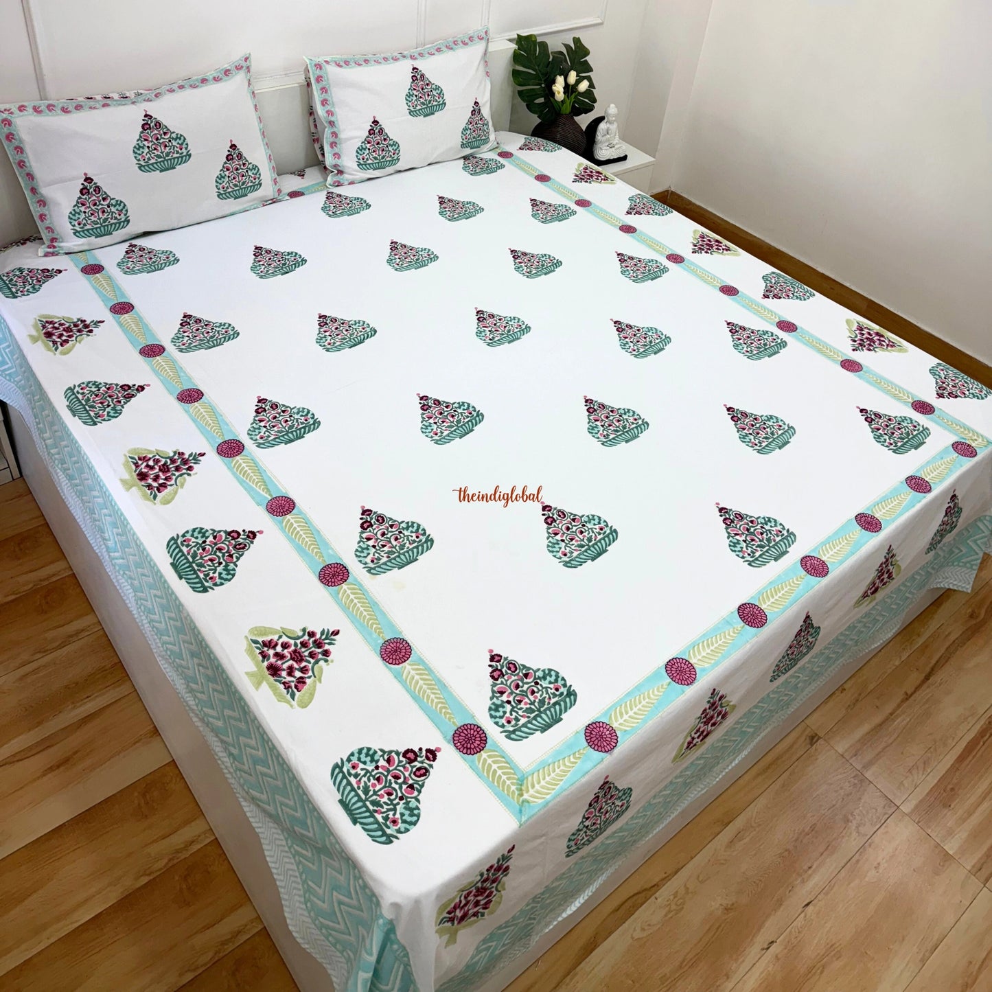 Veda Hand Block Soft Cotton Bedsheet with 2 Pillow Covers Blue