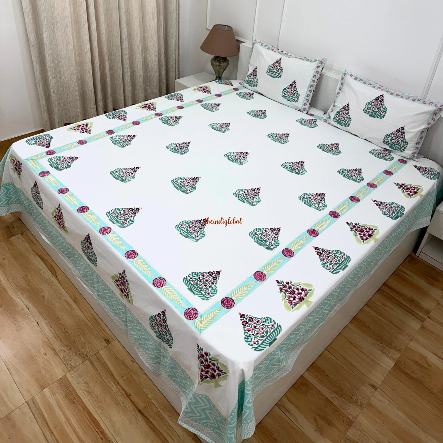 Veda Hand Block Soft Cotton Bedsheet with 2 Pillow Covers Blue