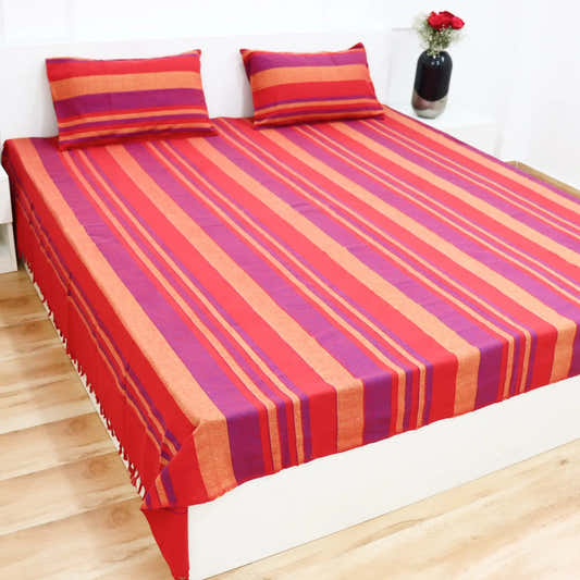 Handloom Cotton Bedsheet with Pillow Covers Red Purple