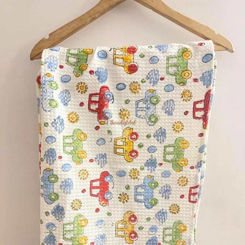 Hand Block Printed Kids Cotton Bath Towel Cars