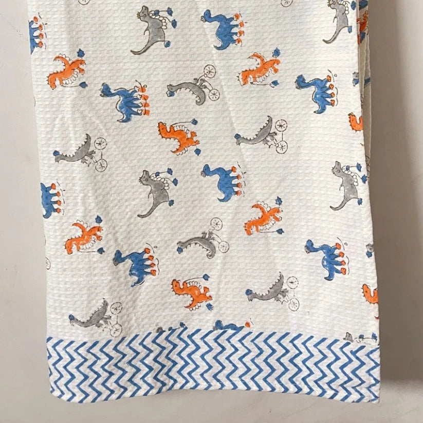 Hand Block Printed Kids Cotton Bath Towel Dino