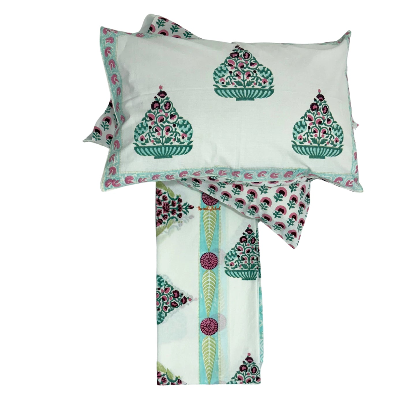 Veda Hand Block Soft Cotton Bedsheet with 2 Pillow Covers Blue