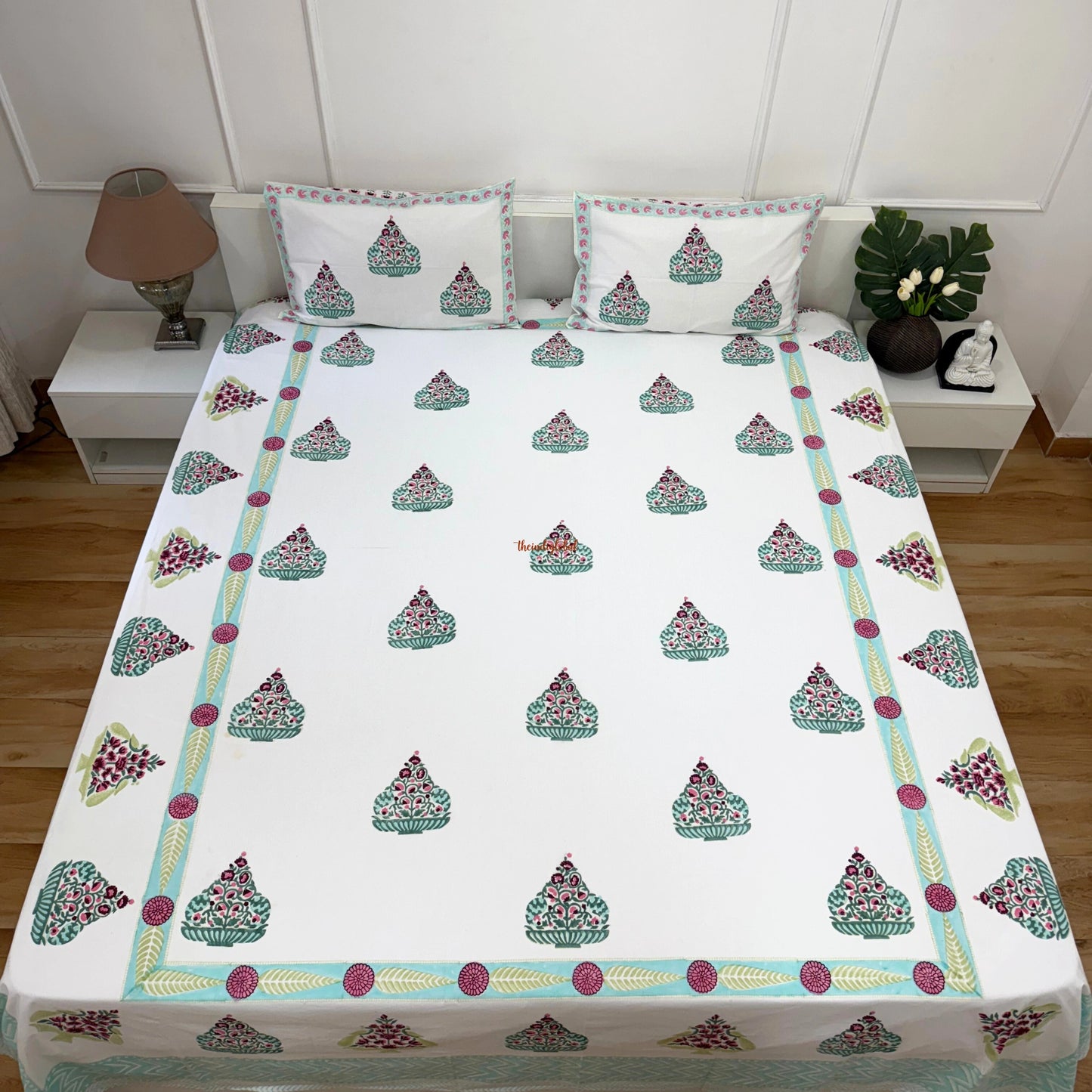 Veda Hand Block Soft Cotton Bedsheet with 2 Pillow Covers Blue