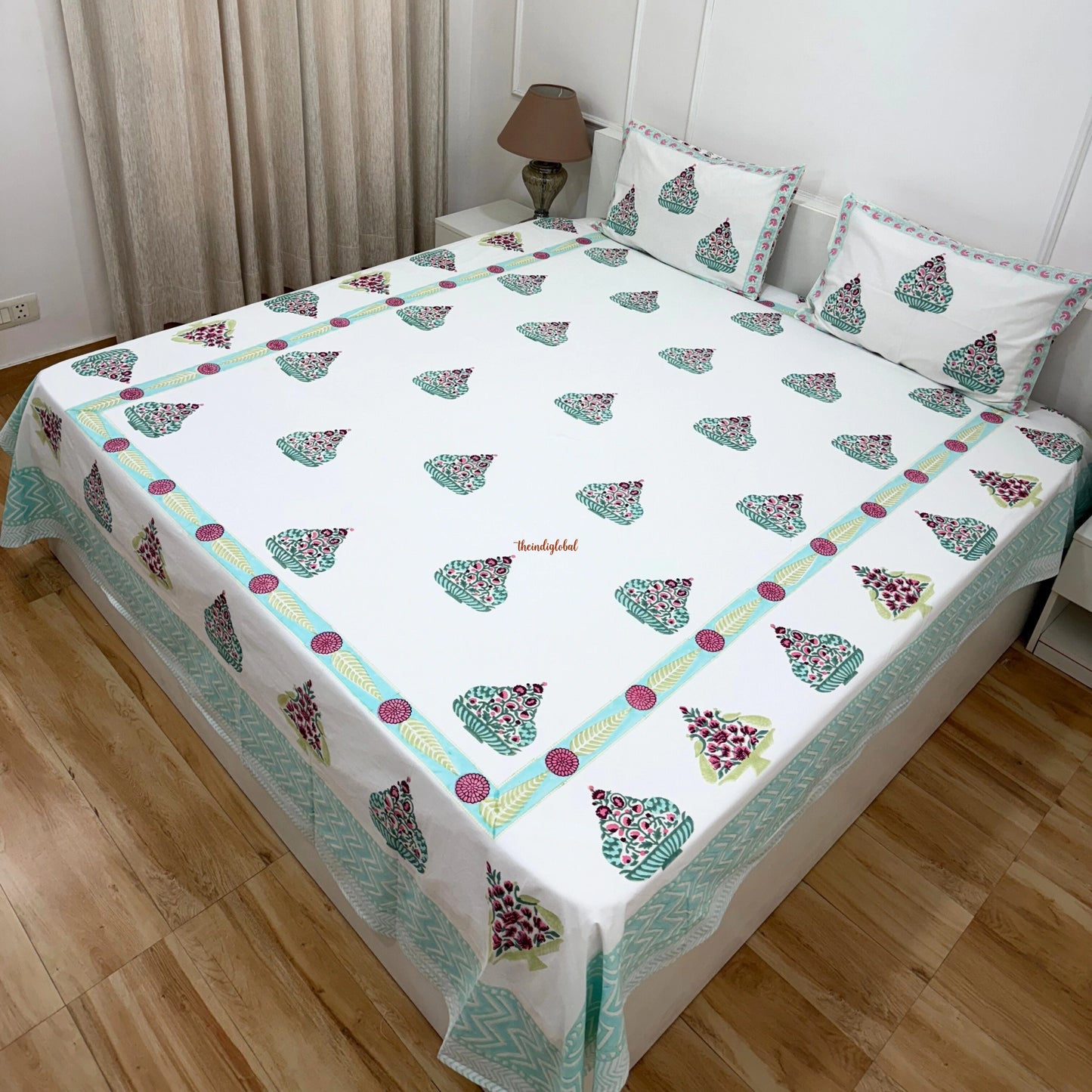 Veda Hand Block Soft Cotton Bedsheet with 2 Pillow Covers Blue