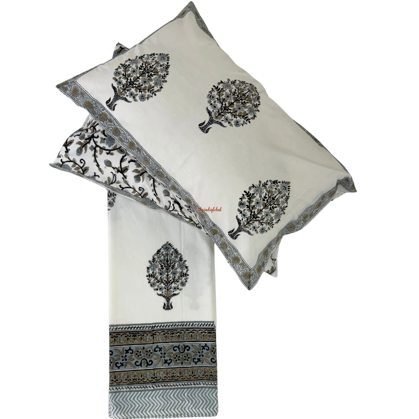Veda Hand Block Soft Cotton Bedsheet with 2 Pillow Covers Grey