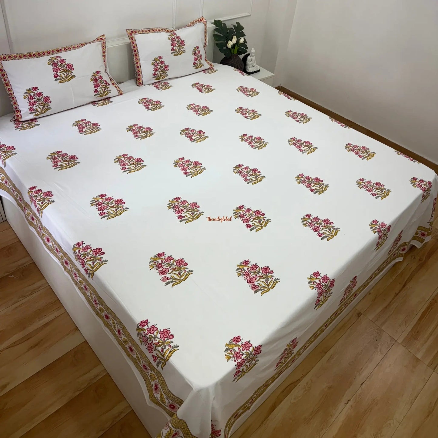 Veda Hand Block Soft Cotton Bedsheet with 2 Pillow Covers Pink