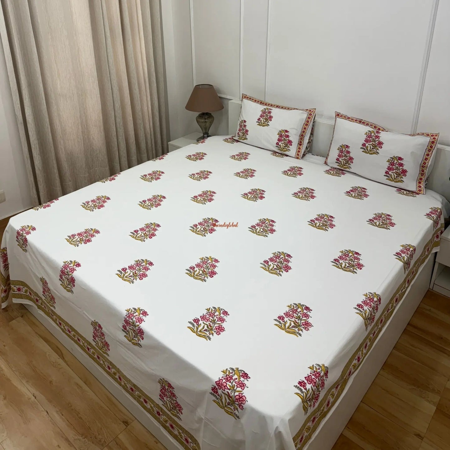 Veda Hand Block Soft Cotton Bedsheet with 2 Pillow Covers Pink