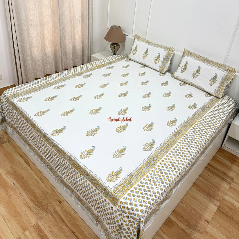 Veda Hand Block Soft Cotton Bedsheet with 2 Pillow Covers Yellow