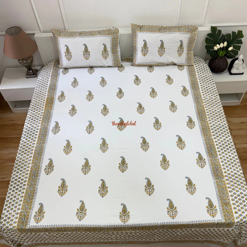 Veda Hand Block Soft Cotton Bedsheet with 2 Pillow Covers Yellow