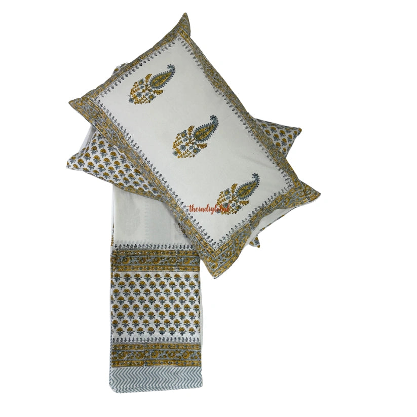 Veda Hand Block Soft Cotton Bedsheet with 2 Pillow Covers Yellow