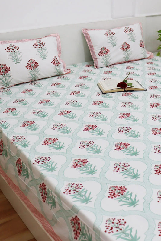 Bagicha Hand Block Soft Cotton Bedsheet with 2 Pillow Covers 90*108 inches Red