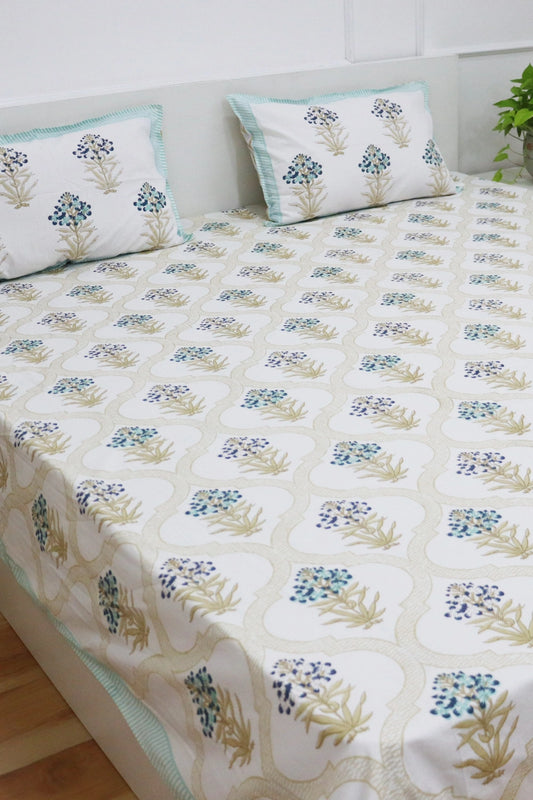 Bagicha Hand Block Soft Cotton Bedsheet with 2 Pillow Covers 90*108 inches Blue