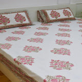 Veda Hand Block Soft Cotton Bedsheet with 2 Pillow Covers Pink