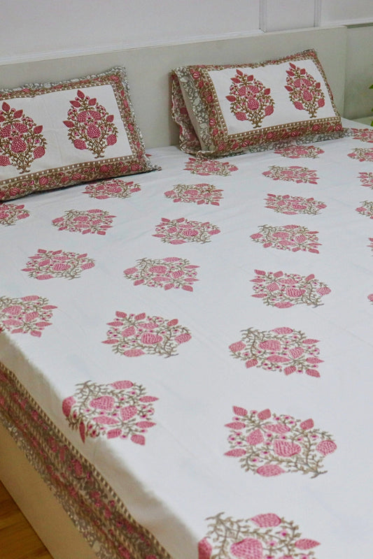 Aanar Hand Block Soft Cotton Bedsheet with 2 Pillow Covers 90*108 inches