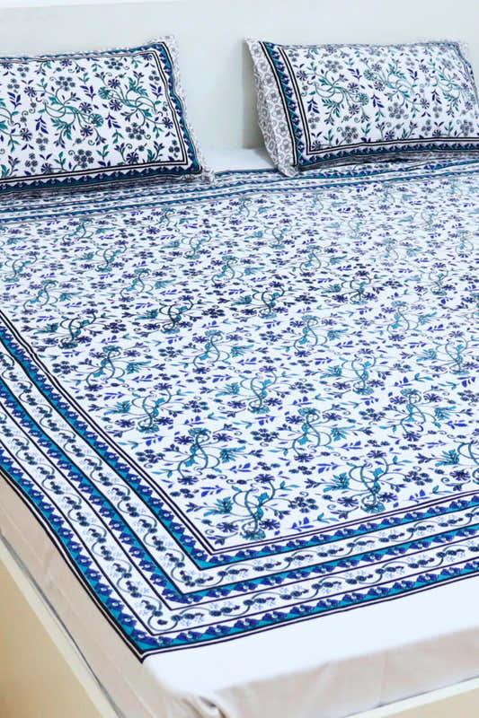 Kalamkari Cotton Bedsheet with 2 Pillow Covers Double Bed size Blue