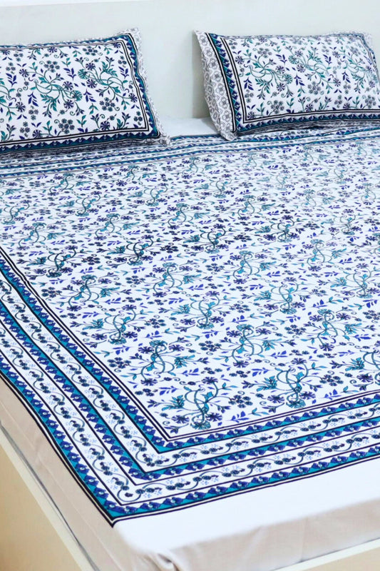 Kalamkari Cotton Bedsheet with 2 Pillow Covers Double Bed size Blue