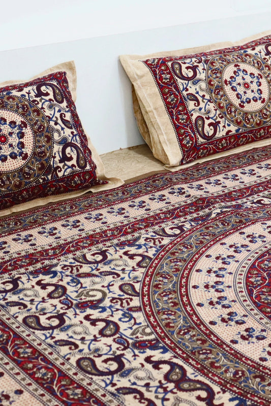 Mandala Cotton Bedsheet with 2 Pillow Covers Double Bed size Blue Maroon